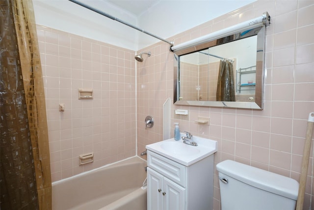 284 Hemlock St, Brooklyn, NY 11208 - full bathroom featuring tile walls, shower / tub combo, vanity, toilet, and tasteful backsplash
