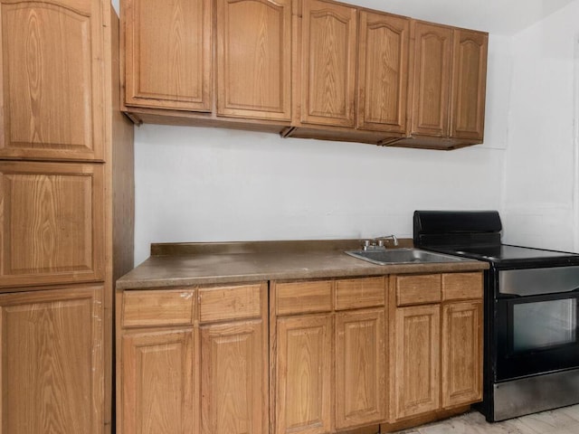 1075 Grand Concourse Unit 1N, Bronx, NY 10452 - kitchen with black / electric stove, dark countertops, a sink, and brown cabinets