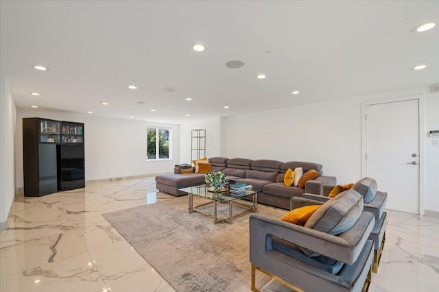 862 Fanwood Ave, North Woodmere, NY 11581 - living area featuring light marble finish floors, recessed lighting, and baseboards