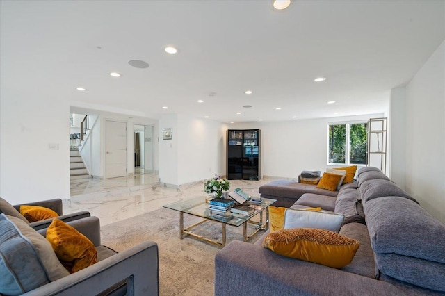 862 Fanwood Ave, North Woodmere, NY 11581 - living area with stairway, recessed lighting, and light marble finish flooring