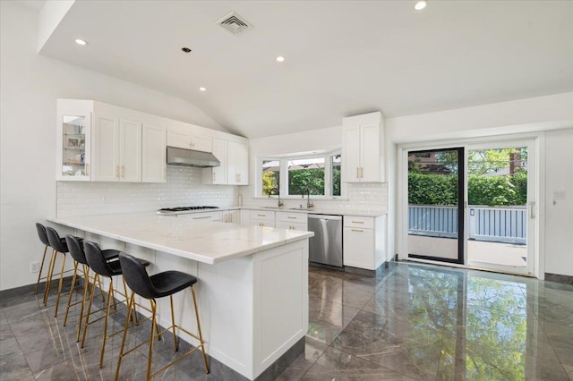 862 Fanwood Ave, North Woodmere, NY 11581 - kitchen with dishwasher, under cabinet range hood, a peninsula, backsplash, and white cabinetry