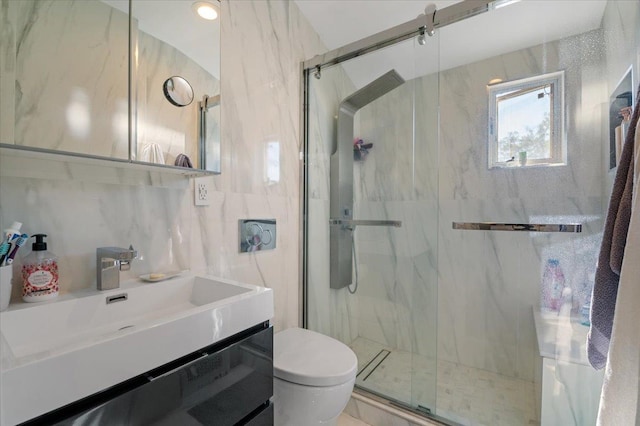 862 Fanwood Ave, North Woodmere, NY 11581 - bathroom with toilet, a marble finish shower, tile walls, and vanity