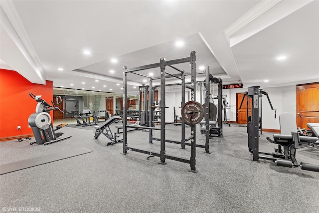 652 Haverstraw Rd, Suffern, NY 10901 - exercise room featuring a tray ceiling, ornamental molding, recessed lighting, and baseboards