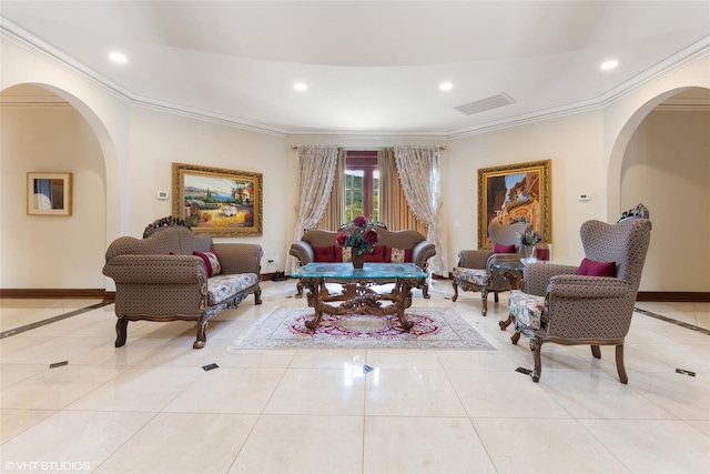 living area featuring crown molding, recessed lighting, light tile patterned flooring, and arched walkways