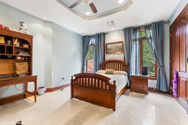 bedroom with multiple windows, baseboards, light tile patterned floors, recessed lighting, and crown molding