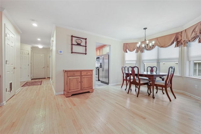 701 Pheasant Woods Rd, Briarcliff Manor, NY 10510 - dining area featuring a chandelier, ornamental molding, light wood-type flooring, baseboards, and recessed lighting