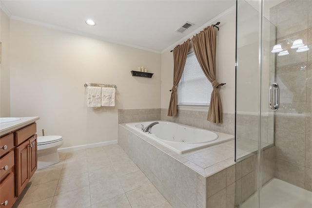701 Pheasant Woods Rd, Briarcliff Manor, NY 10510 - full bath featuring vanity, a shower stall, a jetted tub, toilet, and tile patterned flooring