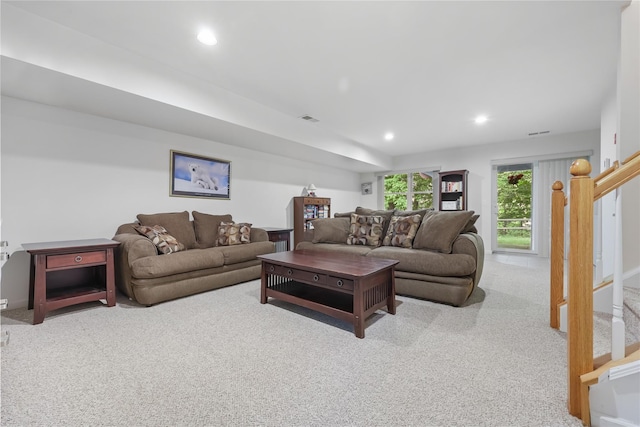 701 Pheasant Woods Rd, Briarcliff Manor, NY 10510 - living room featuring carpet flooring, stairs, and recessed lighting