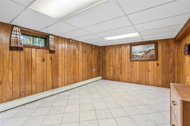 359 Old Bridge Rd, East Northport, NY 11731 - below grade area featuring a baseboard heating unit, a paneled ceiling, and wooden walls