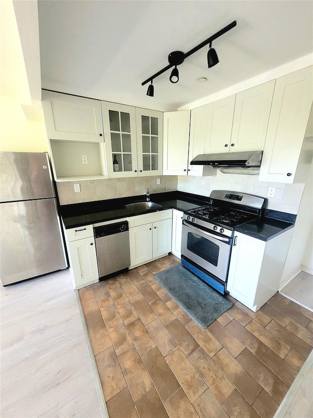 kitchen with stainless steel appliances, under cabinet range hood, a sink, dark countertops, and tasteful backsplash