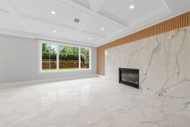 46 Snapdragon Ln, Roslyn Heights, NY 11577 - unfurnished living room featuring marble tiled flooring, coffered ceiling, a high end fireplace, baseboards, and recessed lighting