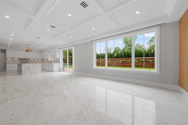 46 Snapdragon Ln, Roslyn Heights, NY 11577 - unfurnished living room with baseboards, coffered ceiling, light marble finish flooring, recessed lighting, and beam ceiling