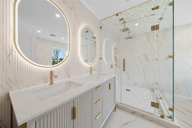46 Snapdragon Ln, Roslyn Heights, NY 11577 - full bathroom with marble finish floors, a marble finish shower, double vanity, and recessed lighting