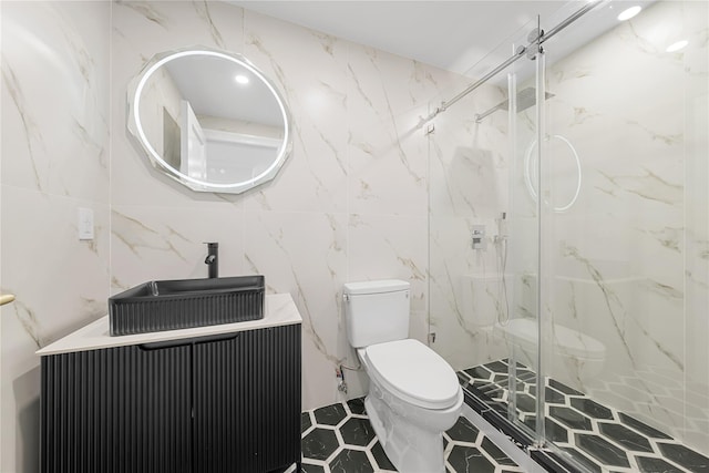 46 Snapdragon Ln, Roslyn Heights, NY 11577 - bathroom featuring tile walls, toilet, a marble finish shower, vanity, and tile patterned flooring