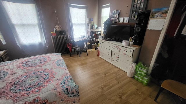 bedroom featuring radiator, wood finished floors, and multiple windows