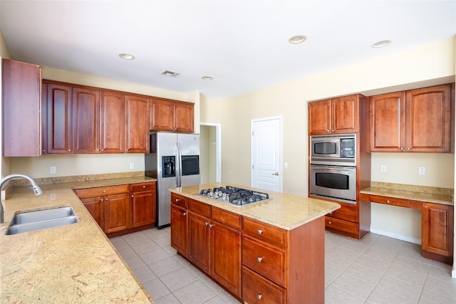33 Avolet Ct, Mount Sinai, NY 11766 - kitchen featuring stainless steel appliances, a sink, light tile patterned flooring, a kitchen island, and light stone counters