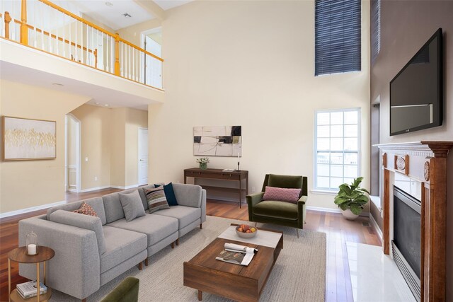 33 Avolet Ct, Mount Sinai, NY 11766 - living area featuring a towering ceiling, wood finished floors, a glass covered fireplace, and baseboards