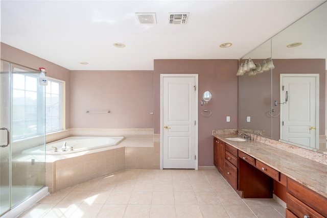 33 Avolet Ct, Mount Sinai, NY 11766 - full bathroom with vanity, a garden tub, tile patterned flooring, a stall shower, and baseboards