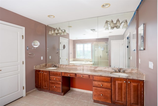 33 Avolet Ct, Mount Sinai, NY 11766 - bathroom with a shower stall, tile patterned flooring, double vanity, and a garden tub