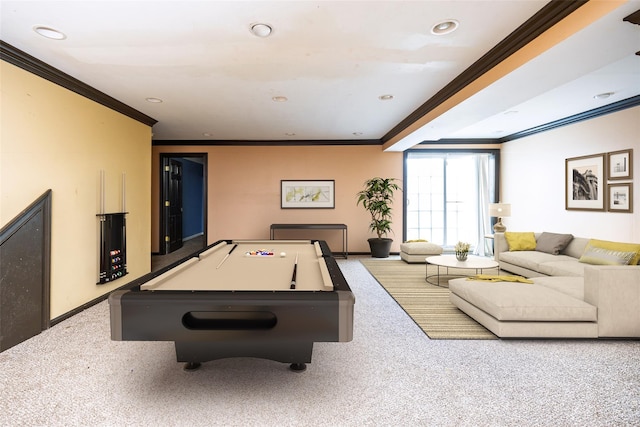 33 Avolet Ct, Mount Sinai, NY 11766 - game room with ornamental molding, carpet flooring, baseboards, recessed lighting, and pool table