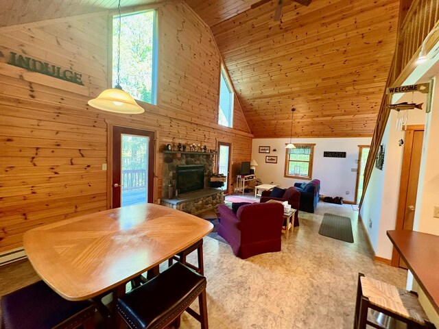 456 Anderson Rd, Parksville, NY 12768 - living area with high vaulted ceiling, wood ceiling, wood walls, a stone fireplace, and baseboards