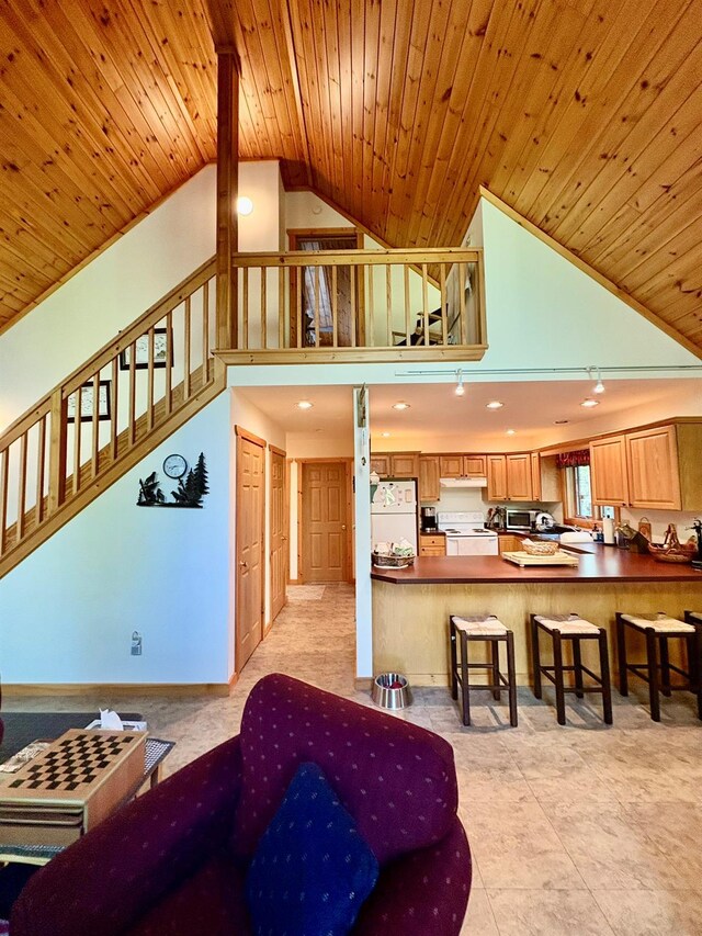 456 Anderson Rd, Parksville, NY 12768 - living room featuring high vaulted ceiling, wooden ceiling, and stairs