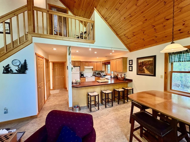 456 Anderson Rd, Parksville, NY 12768 - kitchen with white appliances, high vaulted ceiling, under cabinet range hood, a peninsula, and wood ceiling