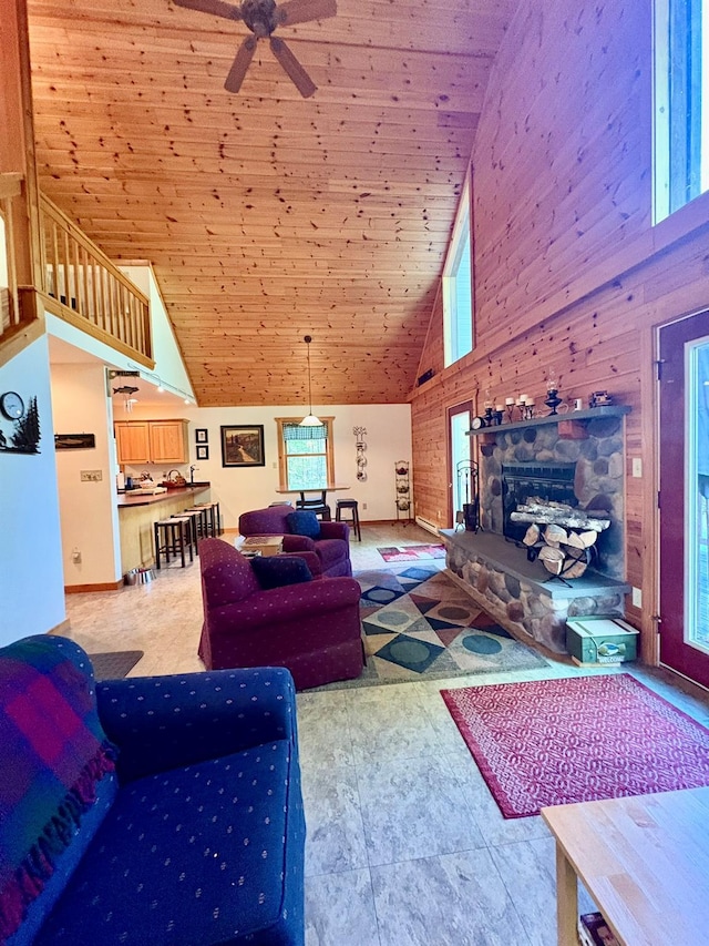 456 Anderson Rd, Parksville, NY 12768 - living room featuring high vaulted ceiling, healthy amount of natural light, a ceiling fan, a fireplace, and wood walls