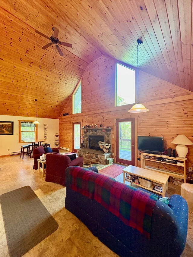 456 Anderson Rd, Parksville, NY 12768 - living room with high vaulted ceiling, wood walls, a fireplace, wood ceiling, and a ceiling fan