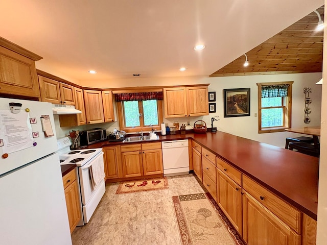 456 Anderson Rd, Parksville, NY 12768 - kitchen with white appliances, under cabinet range hood, dark countertops, a sink, and a peninsula