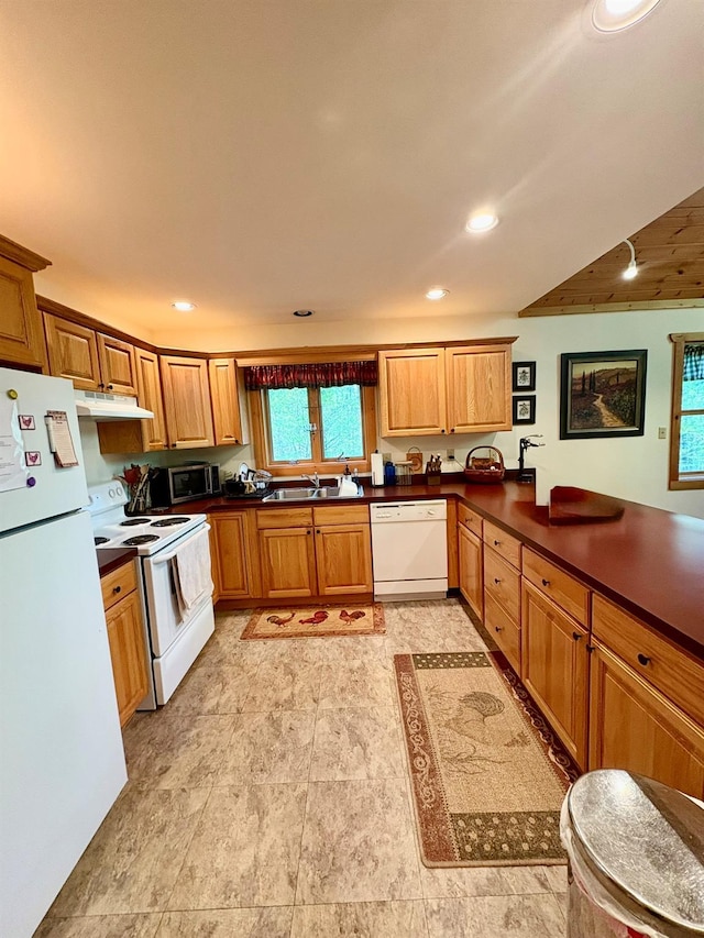456 Anderson Rd, Parksville, NY 12768 - kitchen featuring white appliances, under cabinet range hood, dark countertops, plenty of natural light, and recessed lighting