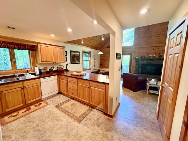 456 Anderson Rd, Parksville, NY 12768 - kitchen with white dishwasher, a sink, healthy amount of natural light, dark countertops, and recessed lighting