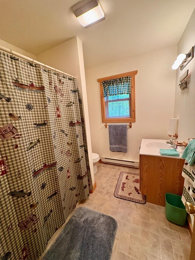 456 Anderson Rd, Parksville, NY 12768 - bathroom featuring a baseboard radiator, toilet, vanity, and a shower with curtain