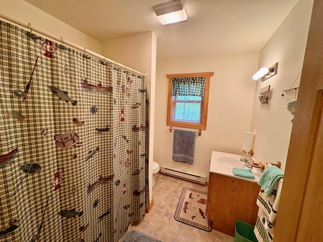 456 Anderson Rd, Parksville, NY 12768 - full bath with a baseboard heating unit, toilet, vanity, and curtained shower