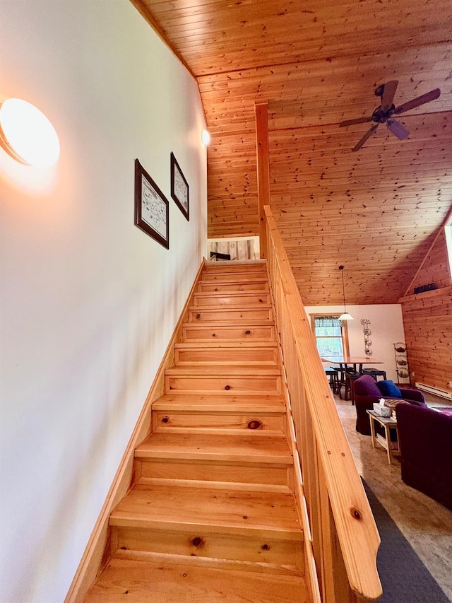 456 Anderson Rd, Parksville, NY 12768 - stairway with wood ceiling, wooden walls, ceiling fan, vaulted ceiling, and carpet flooring