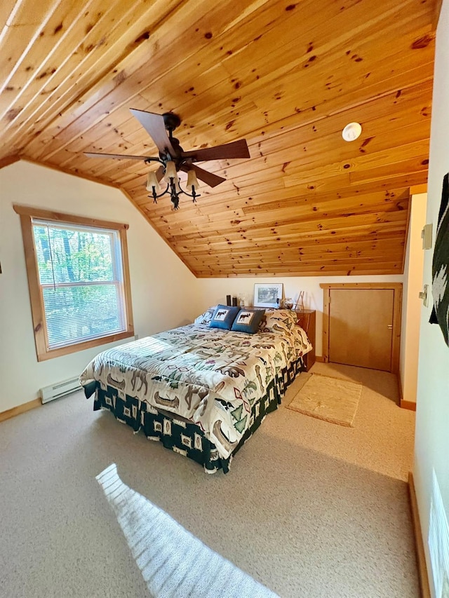 456 Anderson Rd, Parksville, NY 12768 - carpeted bedroom featuring baseboard heating, vaulted ceiling, wood ceiling, and baseboards