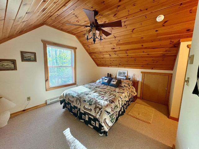 456 Anderson Rd, Parksville, NY 12768 - carpeted bedroom with wood ceiling, vaulted ceiling, a baseboard heating unit, baseboards, and ceiling fan