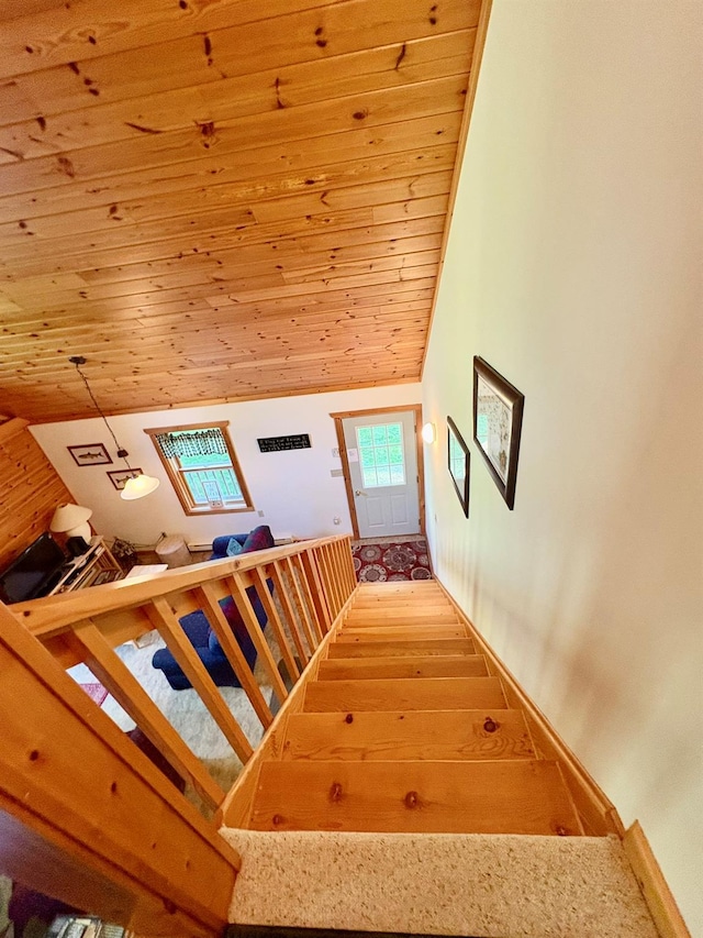 456 Anderson Rd, Parksville, NY 12768 - stairway featuring wooden ceiling, high vaulted ceiling, and wood finished floors