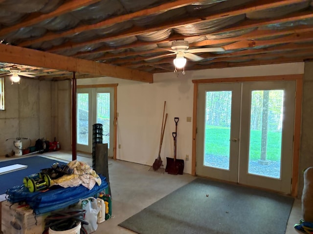 456 Anderson Rd, Parksville, NY 12768 - below grade area featuring french doors and a ceiling fan