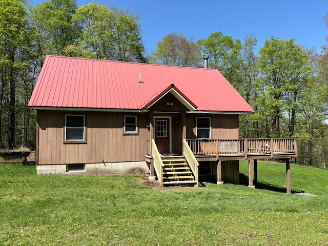 456 Anderson Rd, Parksville, NY 12768 - chalet / cabin featuring a deck, metal roof, a front yard, and stairway