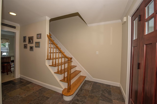184 Dorothy Rd, West Islip, NY 11795 - stairway with stone tile flooring, baseboards, crown molding, and recessed lighting
