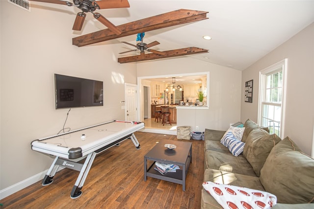 184 Dorothy Rd, West Islip, NY 11795 - living room featuring a ceiling fan, wood finished floors, a chandelier, baseboards, and recessed lighting