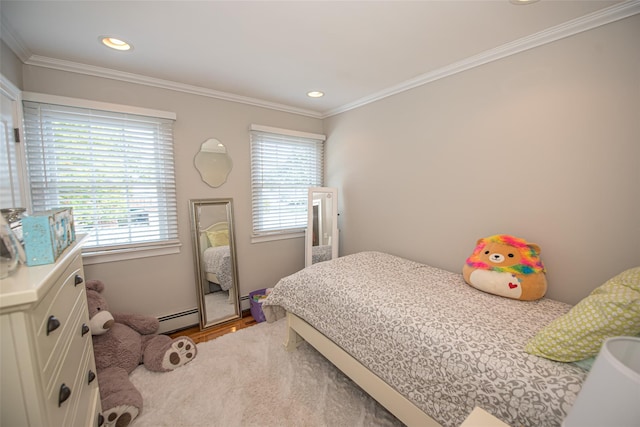 184 Dorothy Rd, West Islip, NY 11795 - bedroom with a baseboard heating unit, multiple windows, crown molding, wood finished floors, and recessed lighting