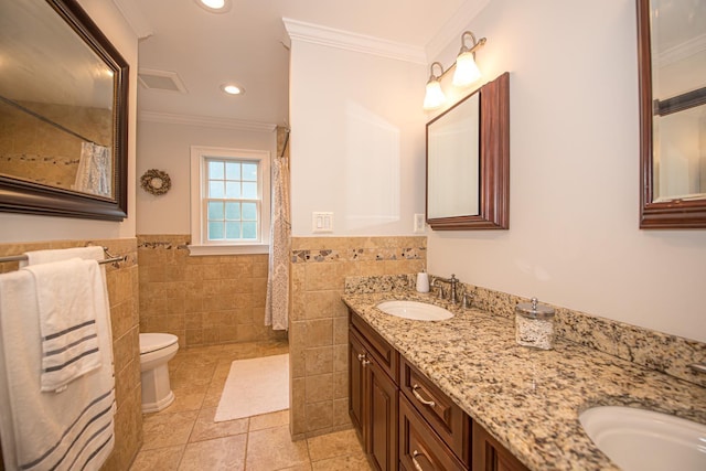 184 Dorothy Rd, West Islip, NY 11795 - full bath with tile patterned floors, ornamental molding, tile walls, a shower with shower curtain, and wainscoting