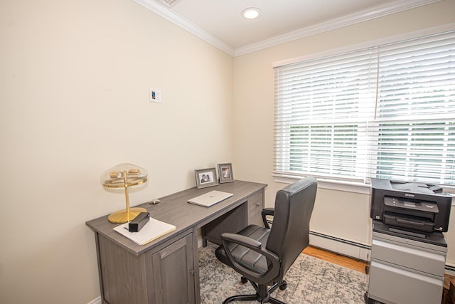 184 Dorothy Rd, West Islip, NY 11795 - office area with a baseboard radiator, baseboards, crown molding, light wood-type flooring, and recessed lighting