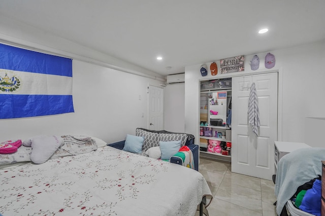 248 44th St, Lindenhurst, NY 11757 - bedroom featuring a wall mounted AC, light tile patterned floors, a closet, and recessed lighting