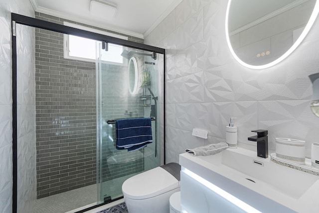 248 44th St, Lindenhurst, NY 11757 - bathroom featuring crown molding, tile walls, a stall shower, toilet, and vanity