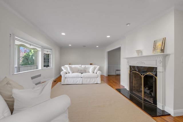 living area with wood finished floors, ornamental molding, a fireplace with raised hearth, recessed lighting, and baseboards