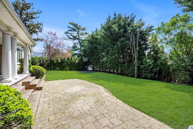 view of grassy yard with a patio