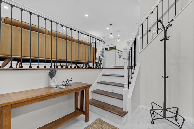 112 Edgehill Dr, Wappingers Falls, NY 12590 - stairway with marble look tile flooring, recessed lighting, and baseboards